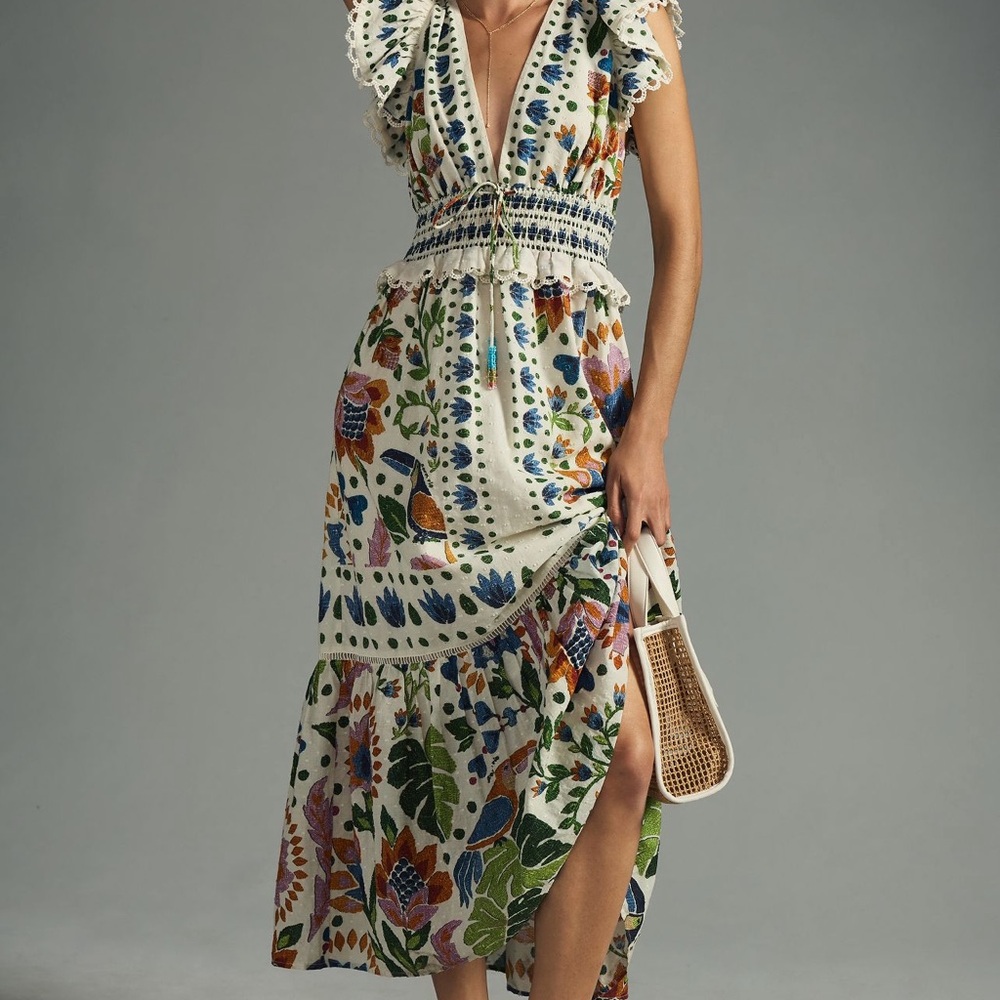 FARM Rio Green and Pink Maxi Dress with Plunge Neckline and Flutter Sleeves
